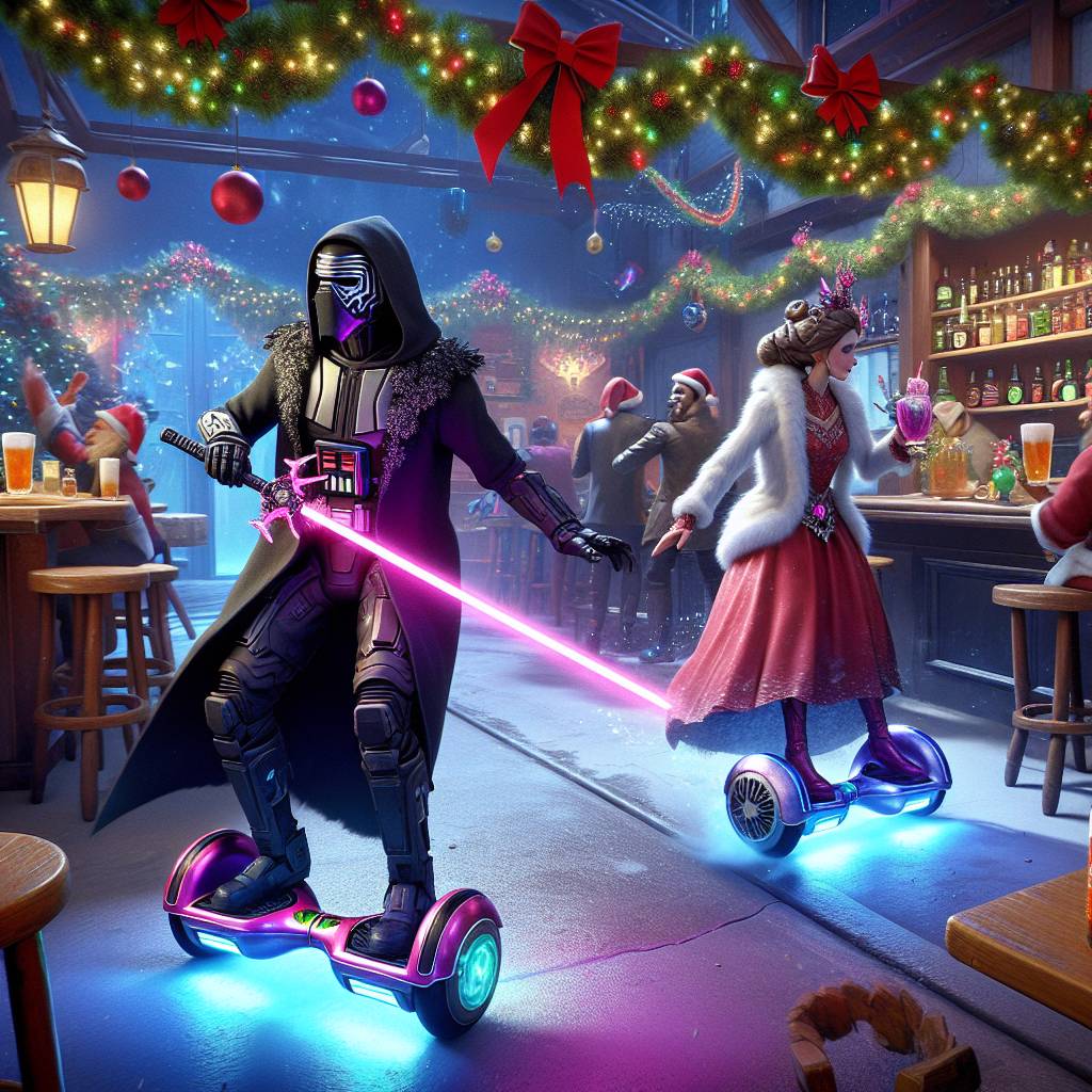 3) Christmas AI Generated Card - Darth vader on a hoverboard chasing princess leia who is also on a hoverboard , Inside a bar abroad , Being watched by rowdy men drinking pints and laughing, and Darth vader has a large pink lightsaber (0cb33)
