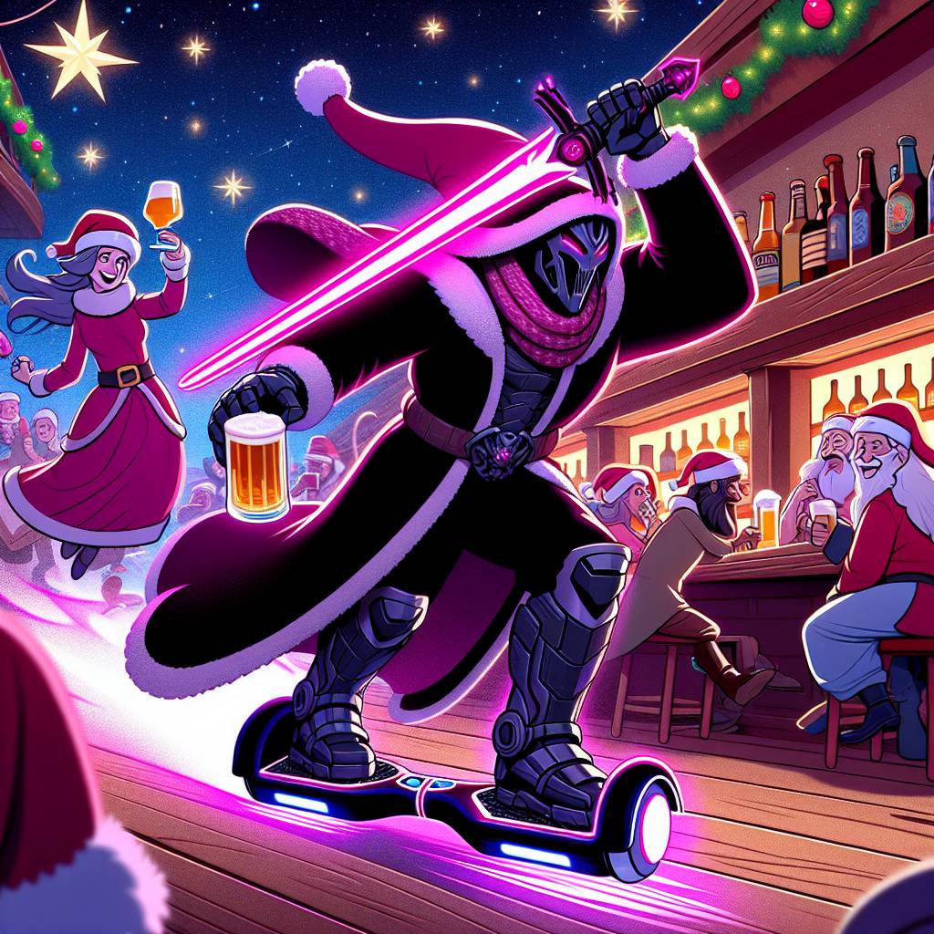 1) Christmas AI Generated Card - Darth vader on a hoverboard chasing princess leia who is also on a hoverboard , Inside a bar abroad , Being watched by rowdy men drinking pints and laughing, and Darth vader has a large pink lightsaber (f1513)