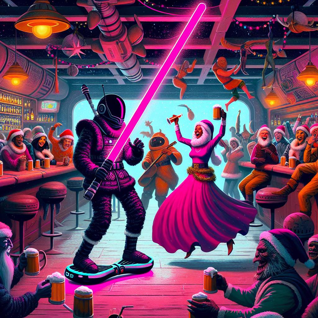 4) Christmas AI Generated Card - Darth vader on a hoverboard chasing princess leia who is also on a hoverboard , Inside a bar abroad , Being watched by rowdy men drinking pints and laughing, and Darth vader has a large pink lightsaber (84bcd)