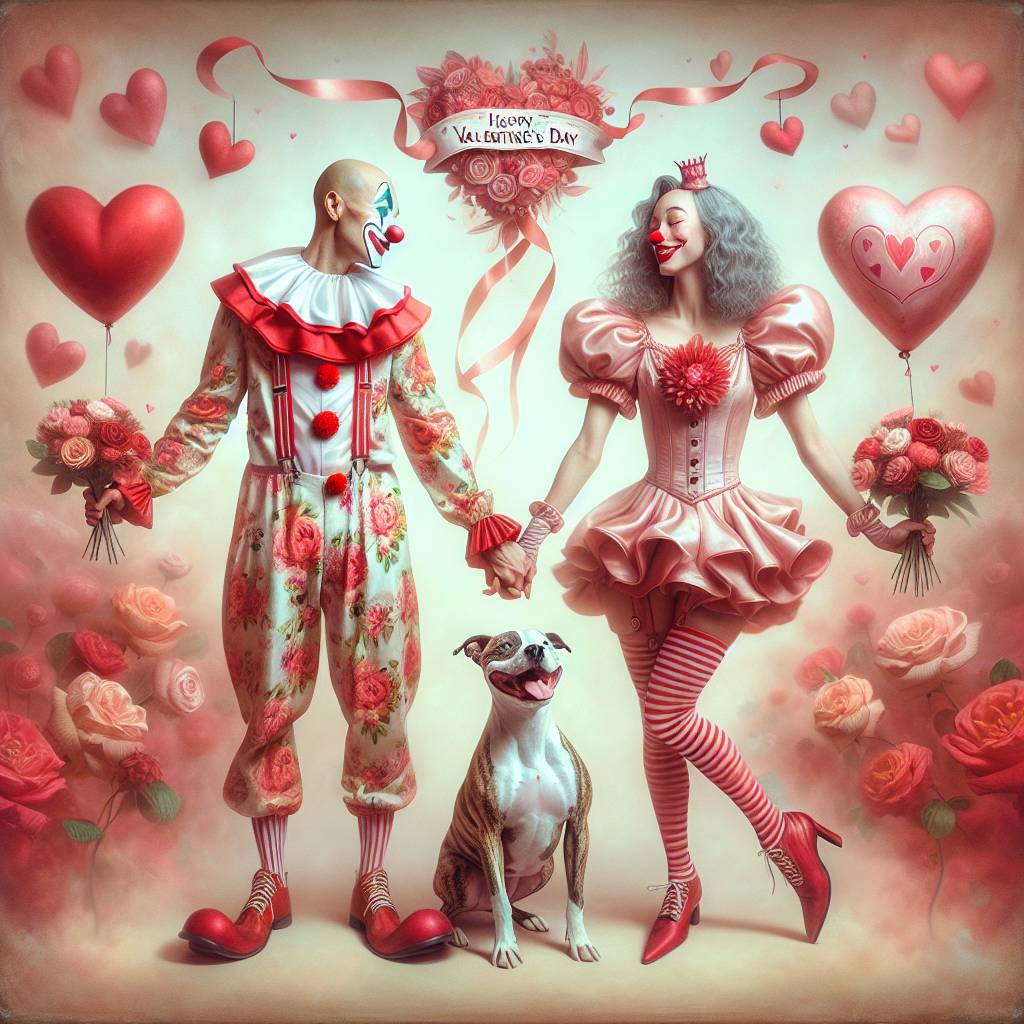 1) Valentines-day AI Generated Card - Bald male clown, Grey straight haired female clown, Brindle and white staffordshire bull terrier , Happy valentines day , and Love (d4f45)