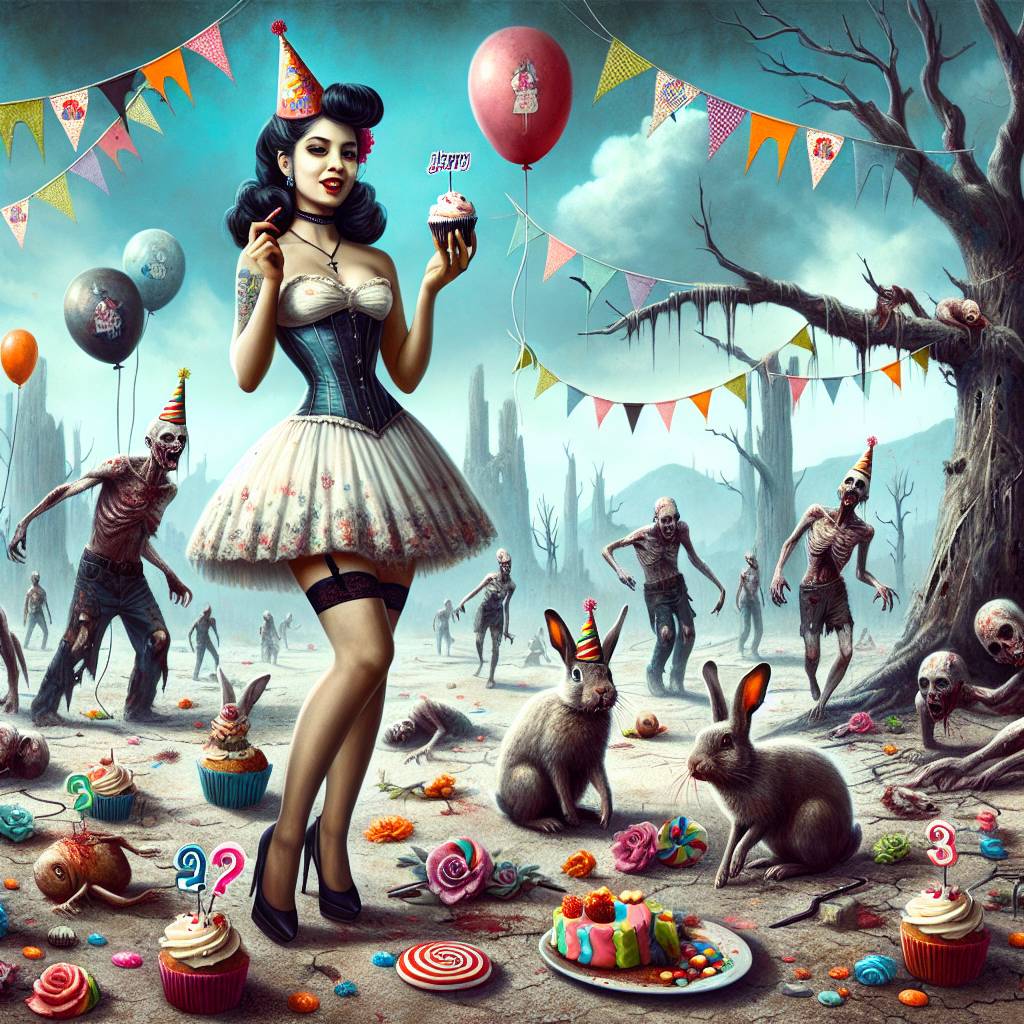 1) Birthday AI Generated Card - Walking dead , Rabbits, Pin up girl, and Sweets (56720)