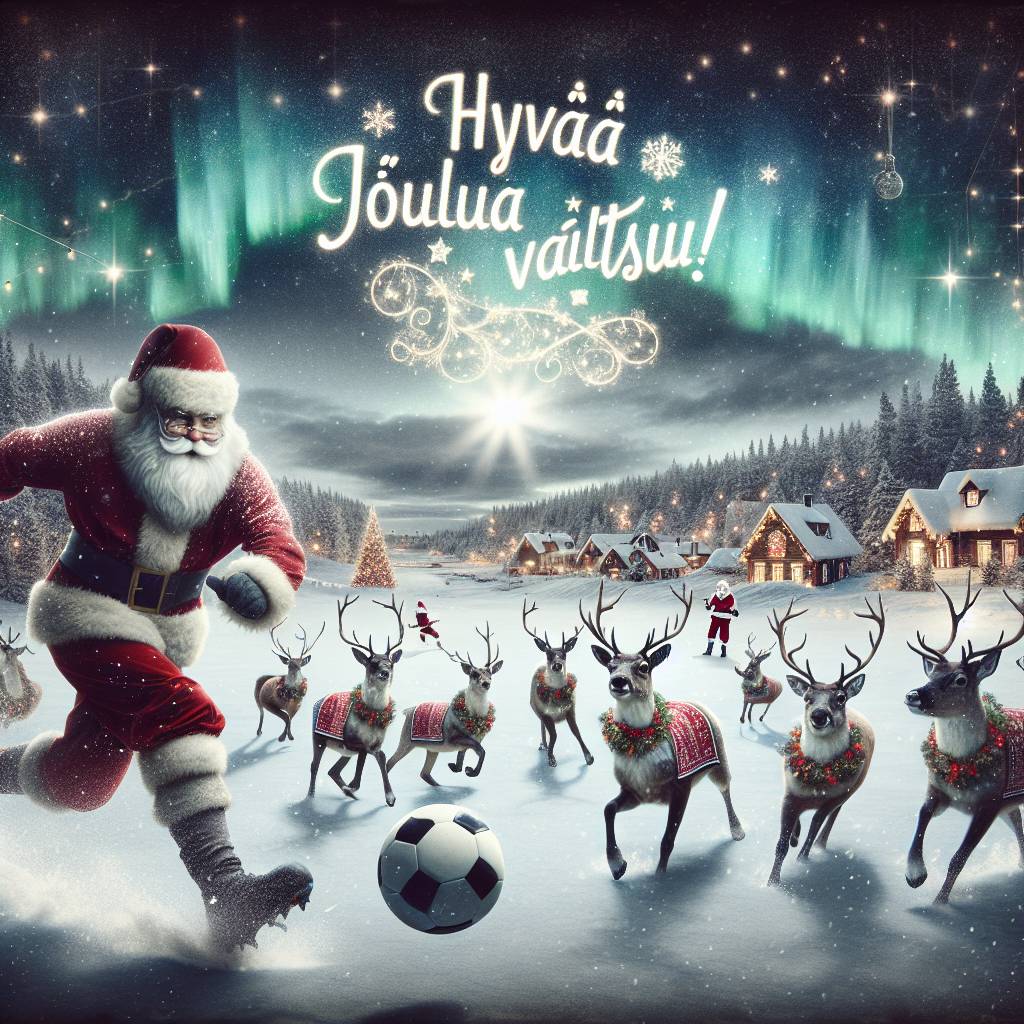 1) Christmas AI Generated Card - santa playing football in winter (1b3ad)