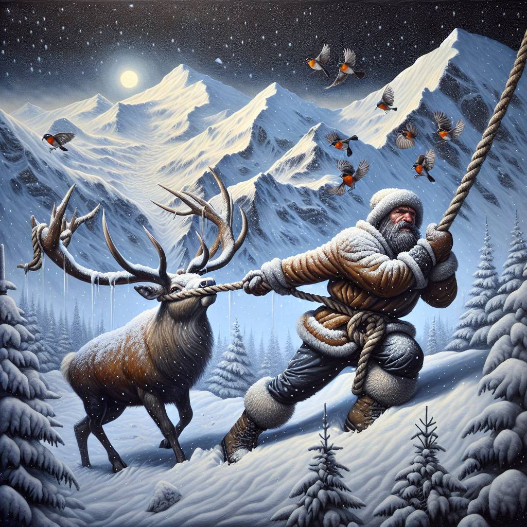 1) Christmas AI Generated Card - Santa claus climbing a rocky mountain topless, pulling rudolph up on a rope , Snowing, full moon, and Robins flying about them (8be47)