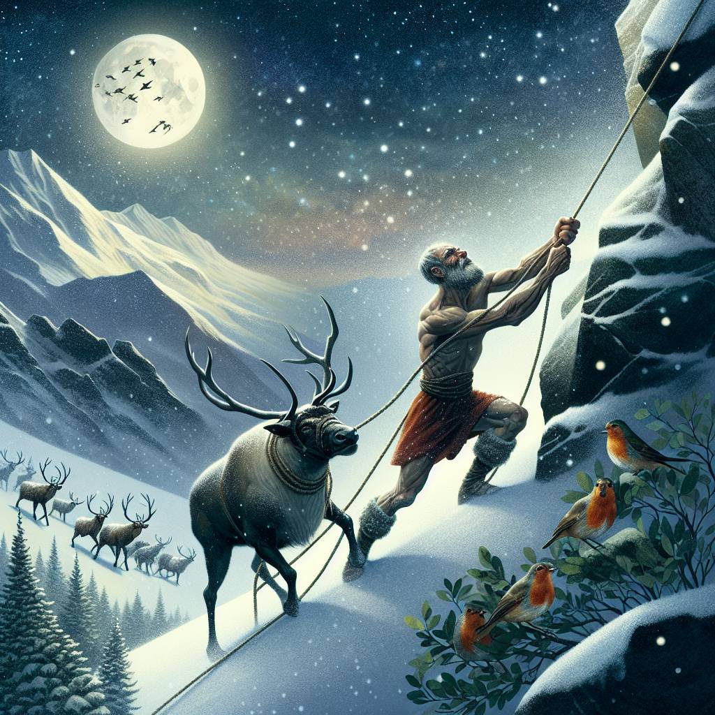 3) Christmas AI Generated Card - Santa claus climbing a rocky mountain topless, pulling rudolph up on a rope , Snowing, full moon, and Robins flying about them (5f508)