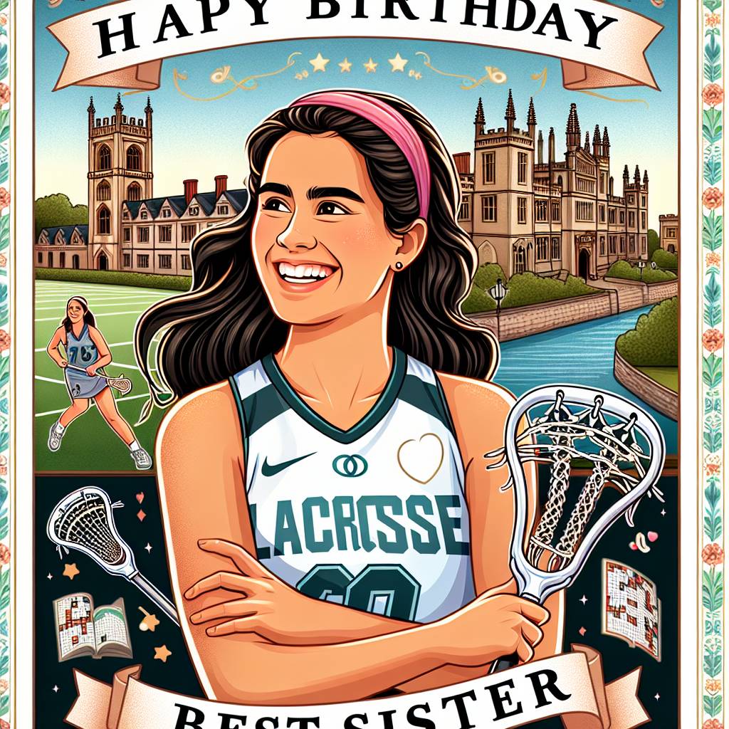 2) Birthday AI Generated Card - Happy Birthday Jasmine, Lacrosse, Cambridge, 22nd birthday, Best sister, Dark hair, Varsity captain, Team captain, and Newspaper puzzles (85473)