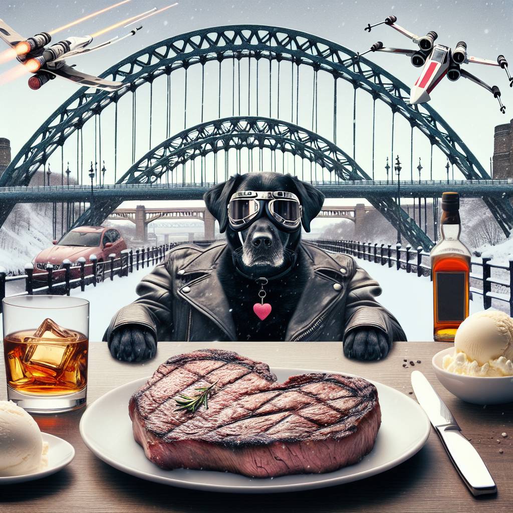 1) Valentines-day AI Generated Card - Black Labrador riding sports motorbike, Tyne bridge, X wing, Snow, Heart shaped steak, Whiskey, and Vanilla ice cream (b32b4)