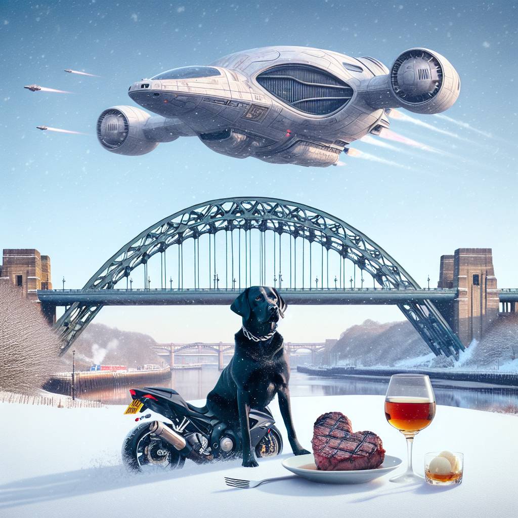 2) Valentines-day AI Generated Card - Black Labrador riding sports motorbike, Tyne bridge, X wing, Snow, Heart shaped steak, Whiskey, and Vanilla ice cream (129bd)