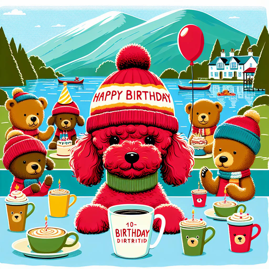 1) Birthday AI Generated Card - Red mini poodle , Keswick lake district, Woolly hats and jumpers, Bears, and Latte (6f0f8)