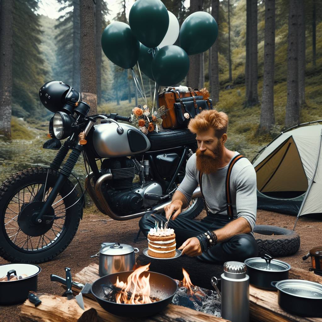 2) Birthday AI Generated Card - Ginger haired man , Camping , Motorbike , and Knives  (f26ec)