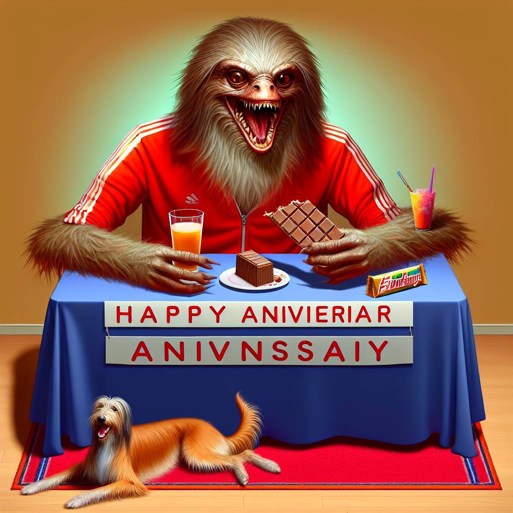 1) Anniversary AI Generated Card - Sassy the Sasquatch , In a LFC shirt, Eating KitKats, and Riding a whippet  (a61ec)