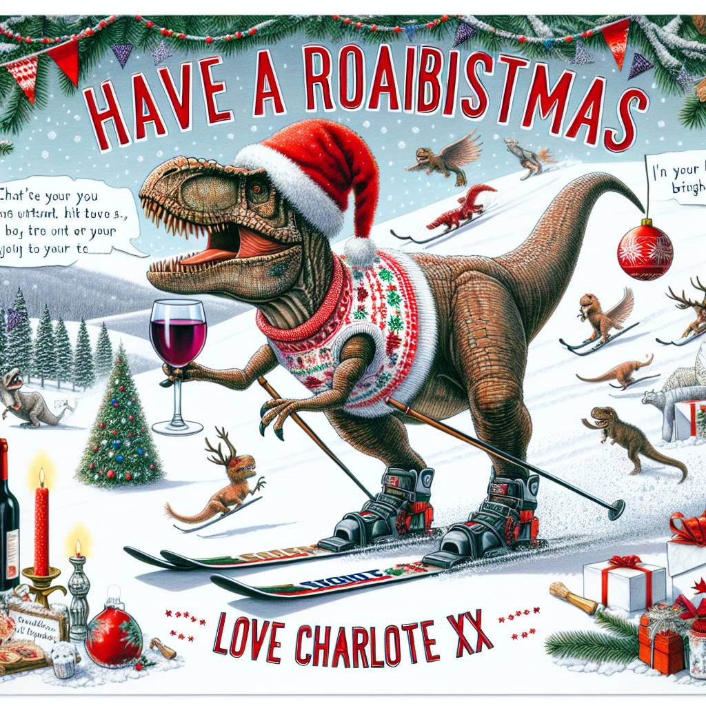 2) Birthday AI Generated Card - T-rex skiing with a Christmas hat on and with a glass of red wine in hand (2a078)