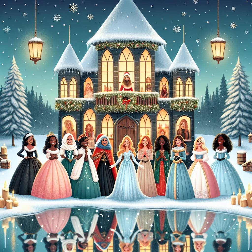 4) Christmas AI Generated Card - Women smiling in christmas decorated castle in snow (f90c8)