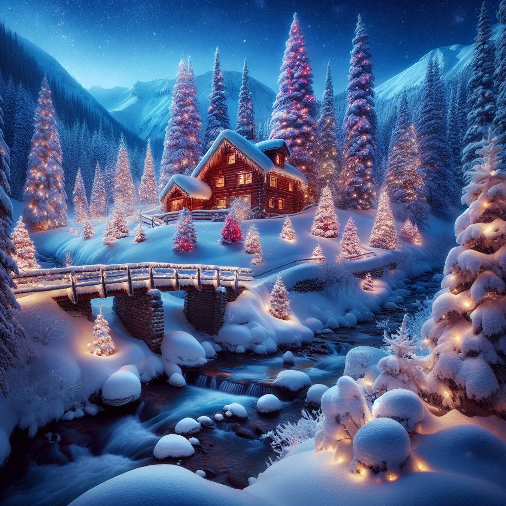 2) Christmas AI Generated Card - Mountain cabin, Snow, Creek, Bridge, Big trees, and Christmas lights (c4729)