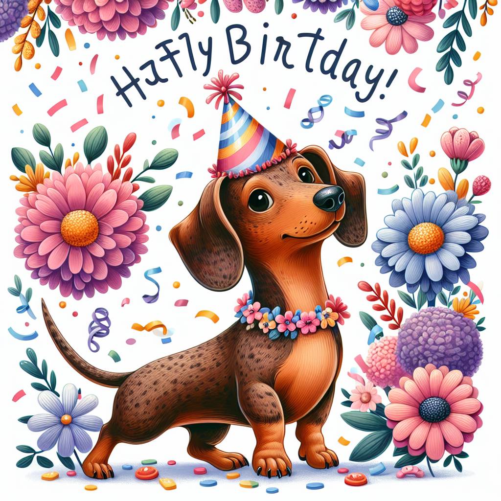 1) Birthday AI Generated Card - Dachshund, Flowers, and Fritzi (7ae8d)