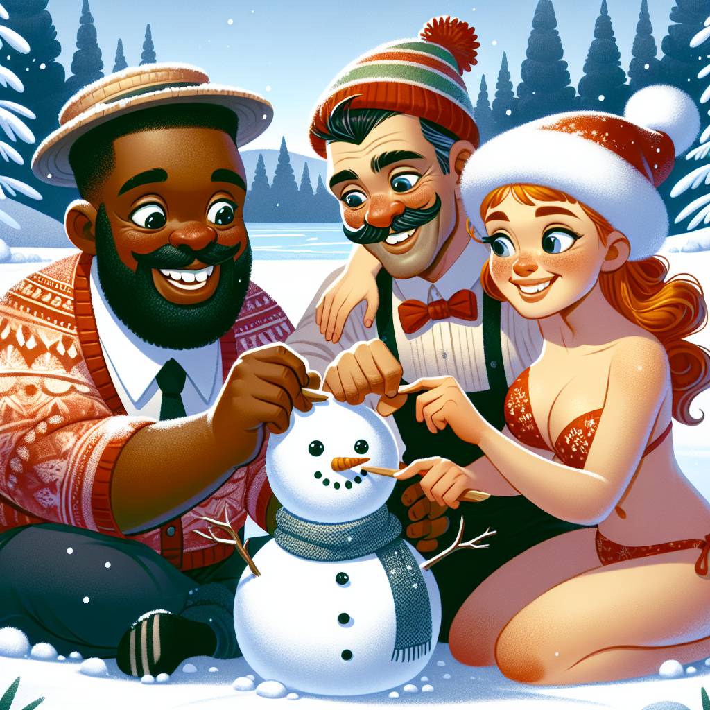 1) Christmas AI Generated Card - Black man with Down syndrome, Morbidly obese italian man with moustache and dark hair, and Attractive red haired woman with large breasts in a bikini (c4e26)