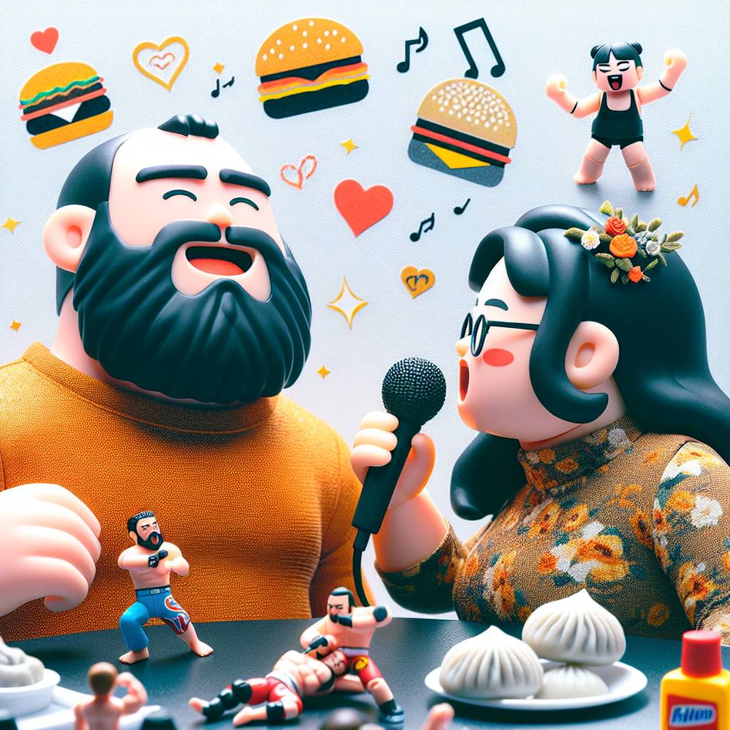 2) Birthday AI Generated Card - Curvy man with beard and woman couple aged 35, Singing karaoke, McDonalds, Crab rangoon, Love, and Wrestling  (dc8bf)