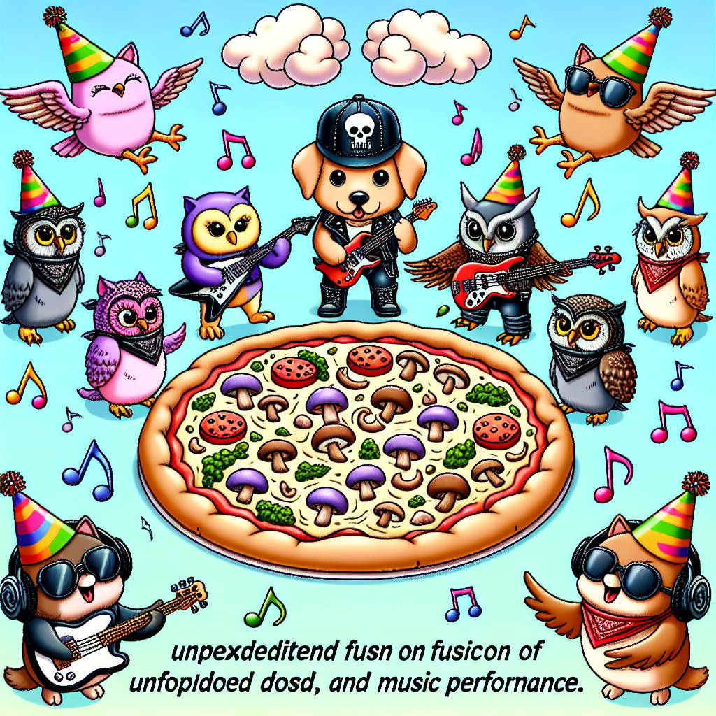 2) Birthday AI Generated Card - Mushroom pizza, Rock music, Dogs, Owls, Heavy metal music, and Didos (da658)