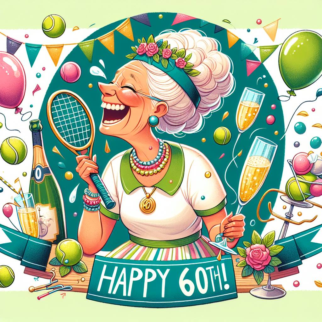 1) Birthday AI Generated Card - Mums 60th tennis champagne funny (871e2)