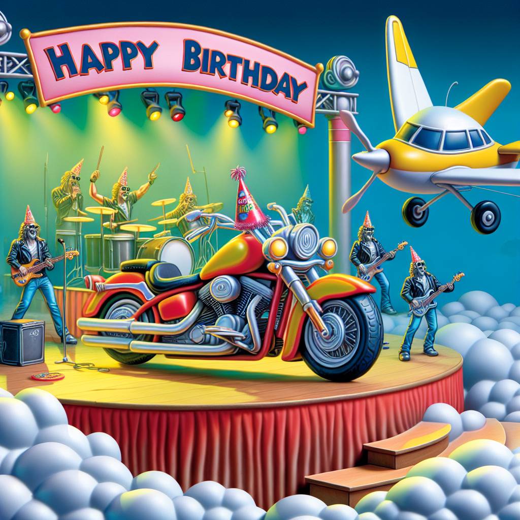 2) Birthday AI Generated Card - Motorcycle , Rock music, and Plane (bf35e)