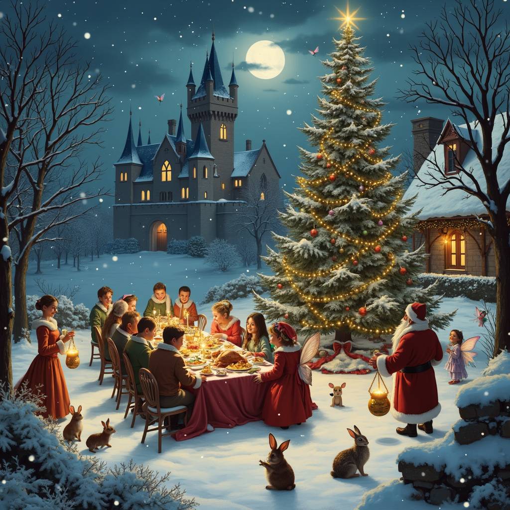 2) Christmas AI Generated Card - Christmas tree, Snow, Party, Castle, Moon, Singing, Feast, Fairies flying, and Fairy lights (39727)