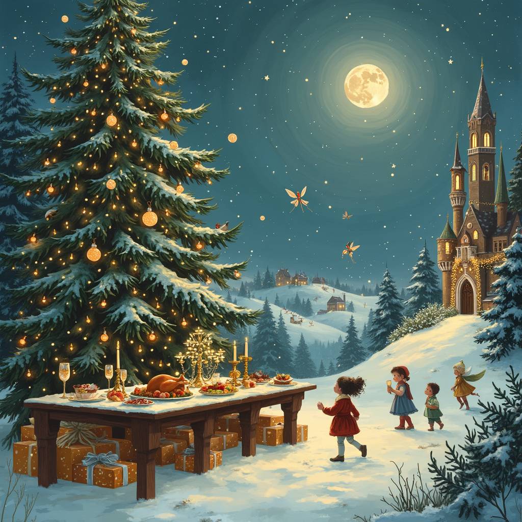 1) Christmas AI Generated Card - Christmas tree, Snow, Party, Castle, Moon, Singing, Feast, Fairies flying, and Fairy lights (cec61)