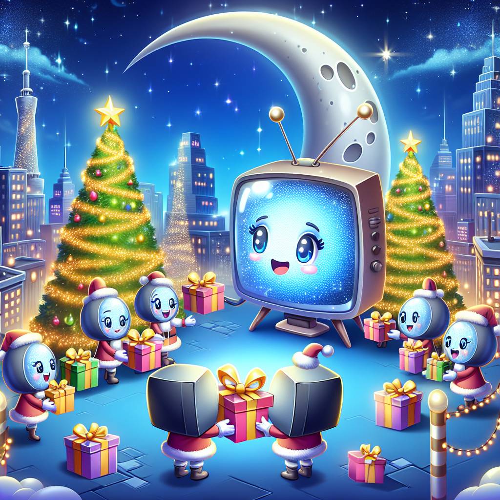 4) Christmas AI Generated Card - Dancing tv sets holding presents, Christmas trees with lights, Manchester, Media city, Party, and Moonlight (313b4)