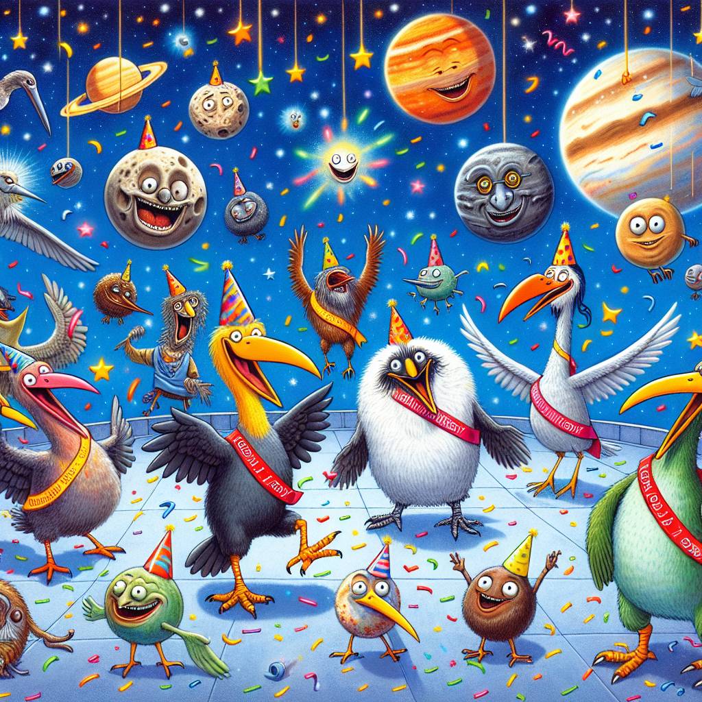 2) Birthday AI Generated Card - Birds, dancing, planets (1bf65)