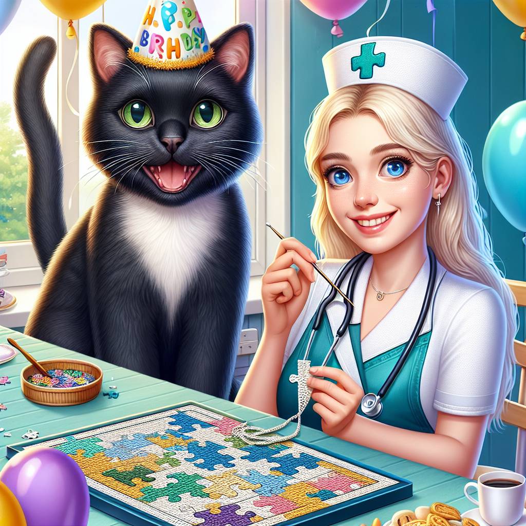 2) Birthday AI Generated Card - Black cat with green eyes sitting on a jigsaw, Young blonde woman blue eyes, Nurse job, Crochet , and Diet (e6cb5)