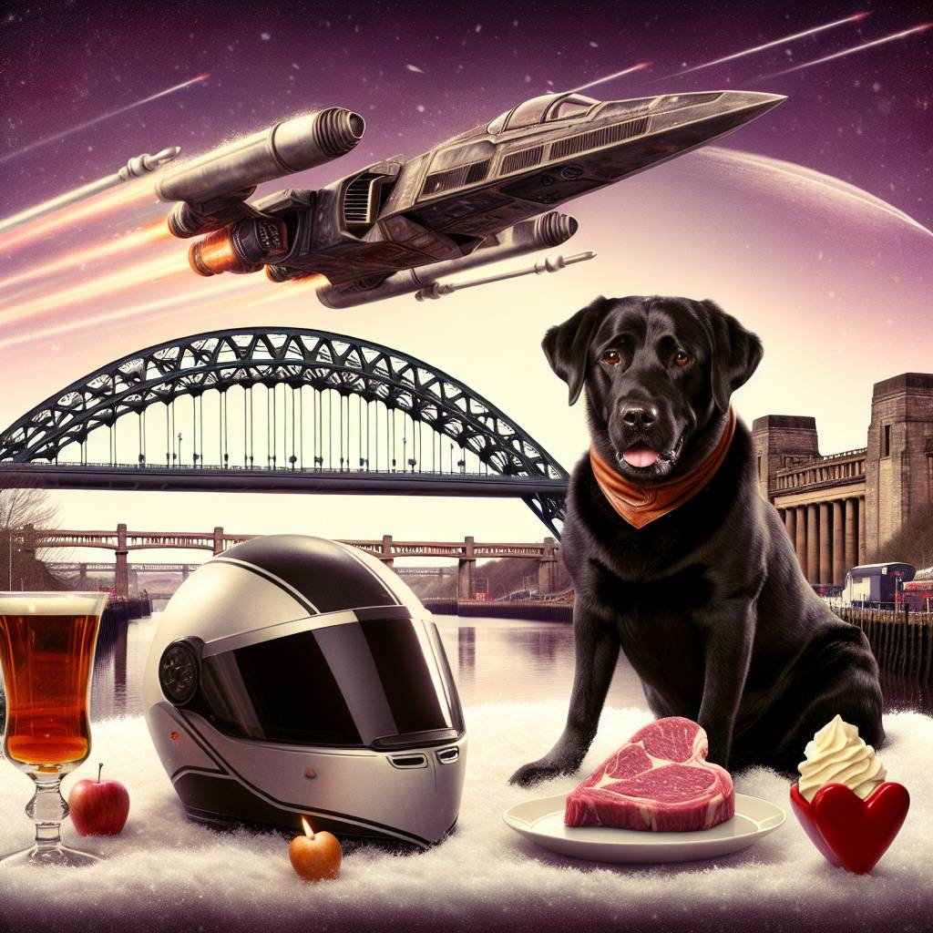 2) Valentines-day AI Generated Card - Black Labrador riding sports motorbike, Tyne bridge, X wing, Whiskey, Vanilla ice cream, Heart shaped steak, and Snow (0698d)