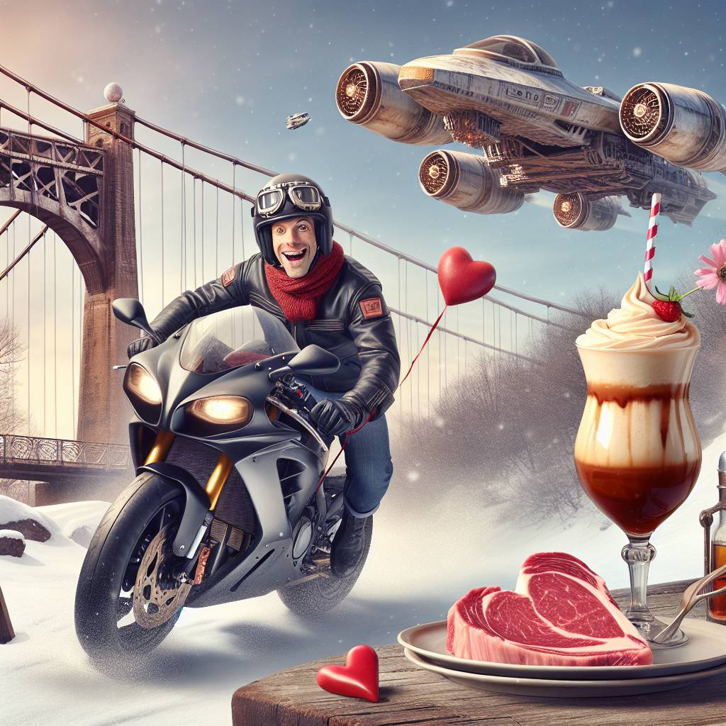 1) Valentines-day AI Generated Card - Black Labrador riding sports motorbike, Tyne bridge, X wing, Whiskey, Vanilla ice cream, Heart shaped steak, and Snow (85184)
