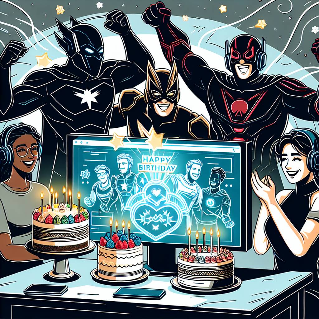 3) Birthday AI Generated Card - Superheroes with a overnigght party, Gaming, and Frriends (1372c)})