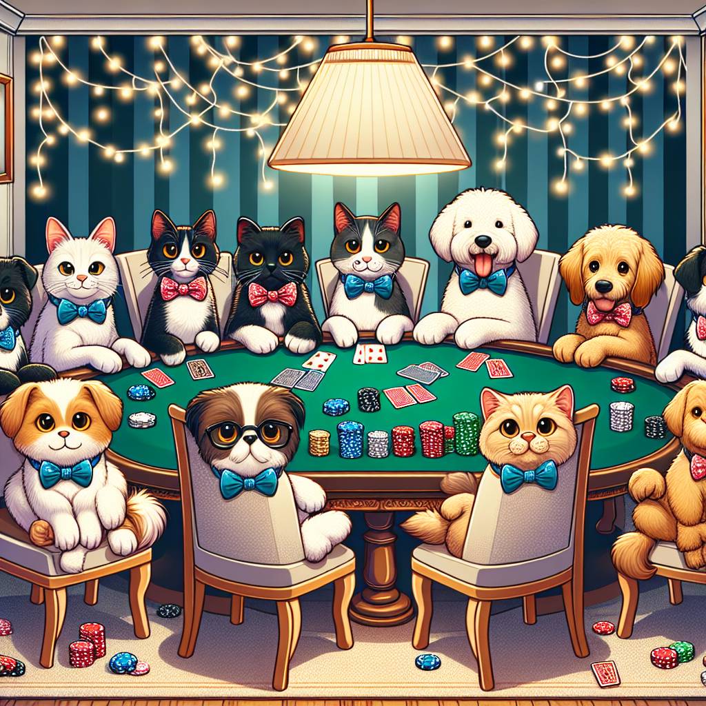 2) Christmas AI Generated Card - Elegant christmas scene with animals in santa hats and bow ties (dogs, cats) playing poker on a poker table. christmas lights, christmas tree, Funny animals, and Christmas lights, tinsel (25d2d)})