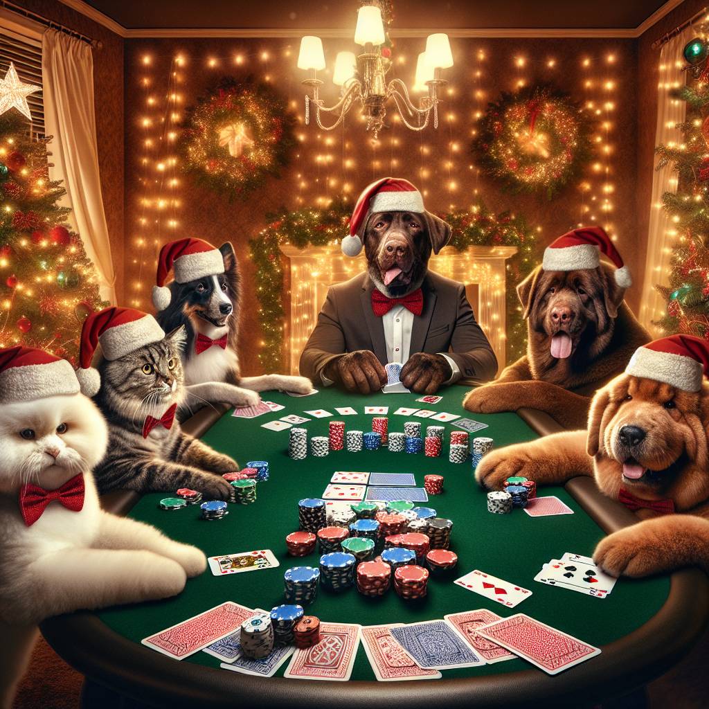 4) Christmas AI Generated Card - Elegant christmas scene with animals in santa hats and bow ties (dogs, cats) playing poker on a poker table. christmas lights, christmas tree, Funny animals, and Christmas lights, tinsel (e822e)})