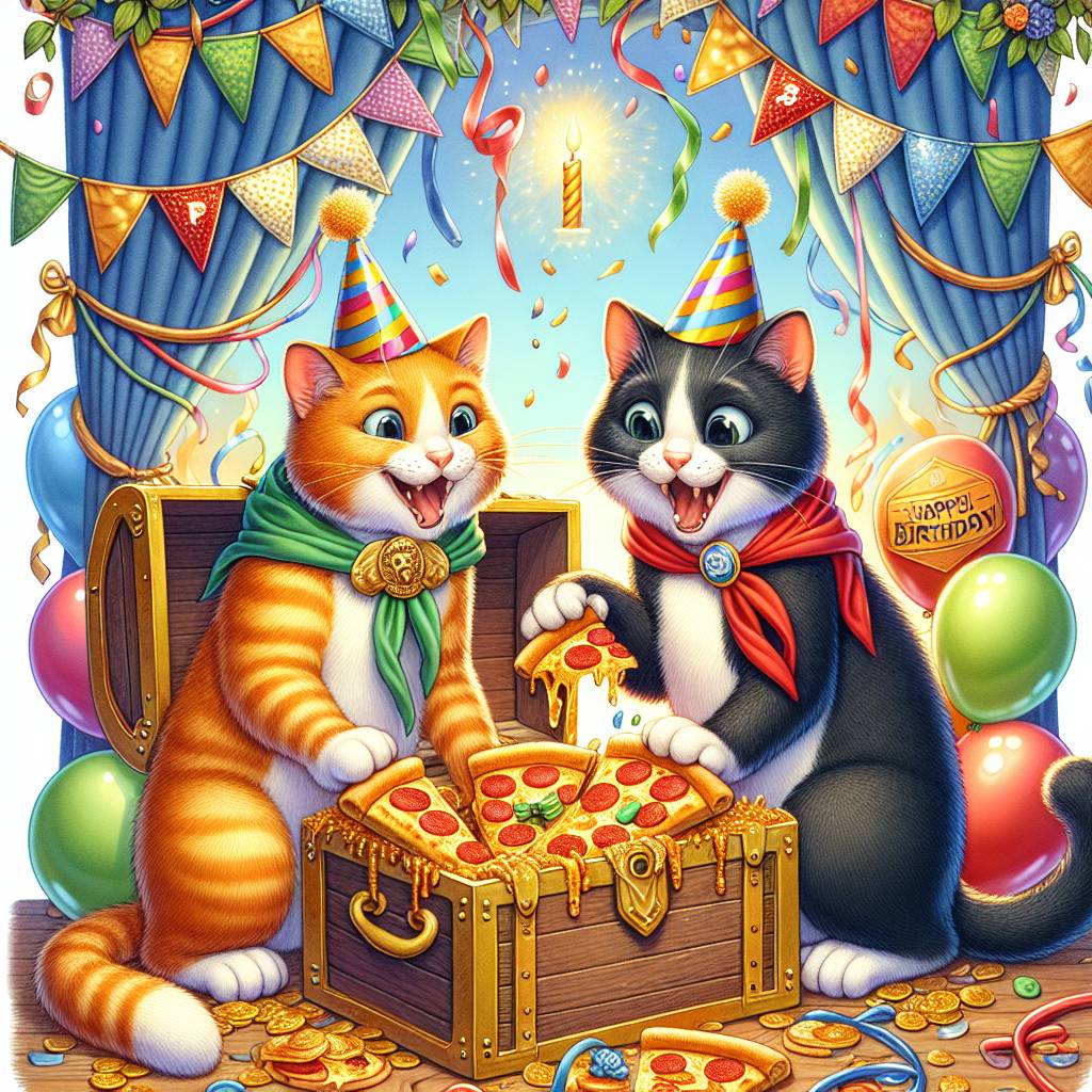 2) Birthday AI Generated Card - Scouting, Black cat , Ginger cat, and Pizza  (efc9f)