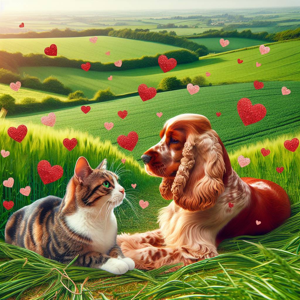 2) Valentines-day AI Generated Card - Red working cocker spaniel, Tabby and white cat, and Green fields (a9c61)