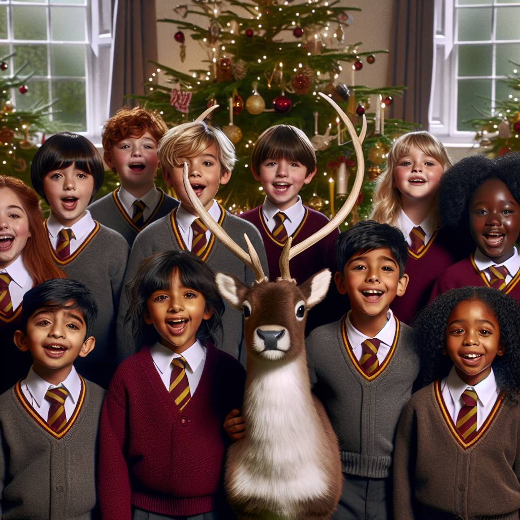 1) Christmas AI Generated Card - Mixed races of children in maroon school jumpers with grey blazers and yellow and maroon striped ties sing carols with a pet reindeer, and Christmas tree (6b74d)