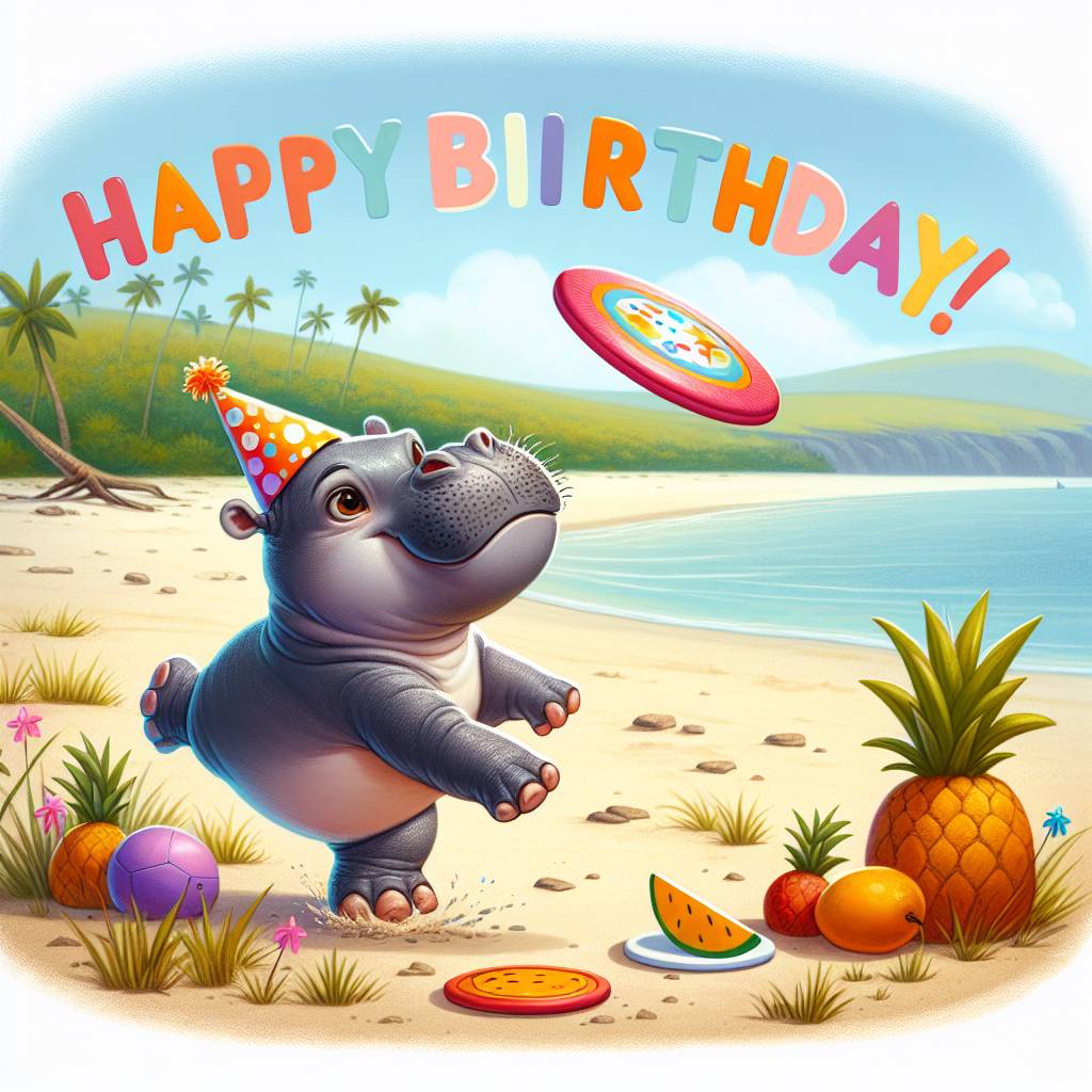 1) Birthday AI Generated Card - Sporty baby hippo, Ultimate Frisbee, Galapagos Islands, and Fruit (83230)