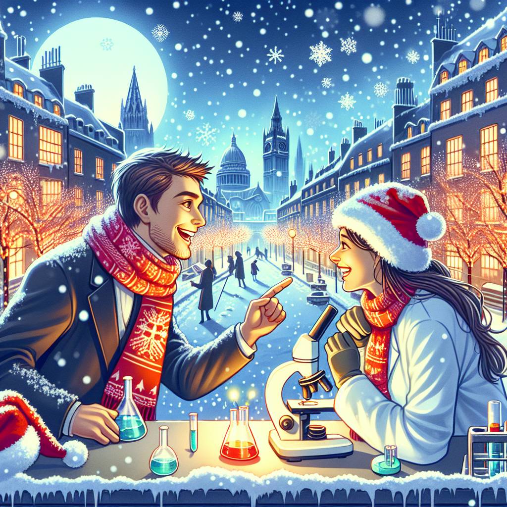 3) Christmas AI Generated Card - Snowy London, Male forex trader with white skin and short brown hair, and Female scientist with white skin and long brown hair (a1521)