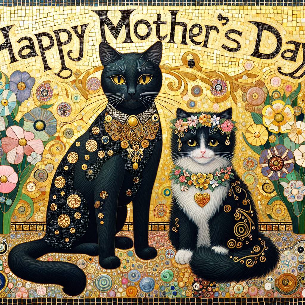 1) Mothers-day AI Generated Card - Male black cat, Female fluffy tabby cat, and Klimt (6a91c)