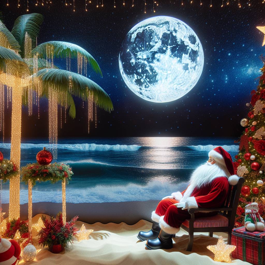 2) Christmas AI Generated Card - santa at the caribbean seashore with a bright full moon and a stary night (28db5)
