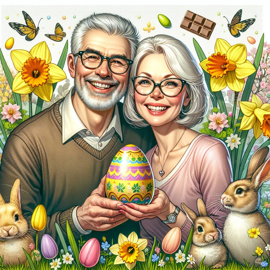 1) Easter AI Generated Card - Easter time, Mum and Dad, Man, Grey Hair, Bald on Top, Glasses, Lady, Blonde Bob Hair, Pretty, Bunny, Chicks, Easter Egg, Spring, Daffodil, Tulips, and Chocolate (e9e7b)