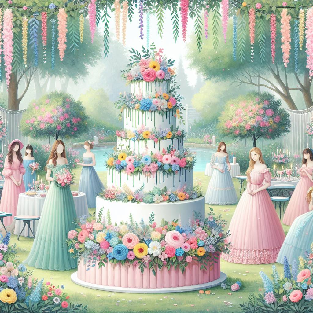 1) Birthday AI Generated Card - Party, Celebration cake, Colourful, Beautiful, Flowers, Summer, and Dresses (4013e)