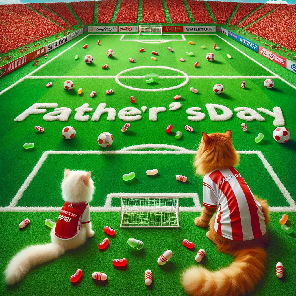 2) Fathers-day AI Generated Card - Manchester united, football, jelly beans, white and ginger cats, and Soccer, red,  (6cf18)