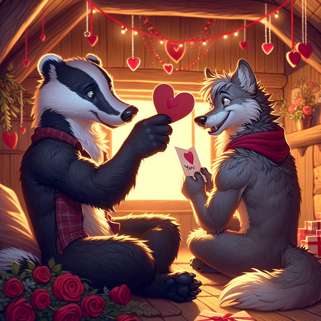 2) Valentines-day AI Generated Card - Badger, and Wolf (fe807)