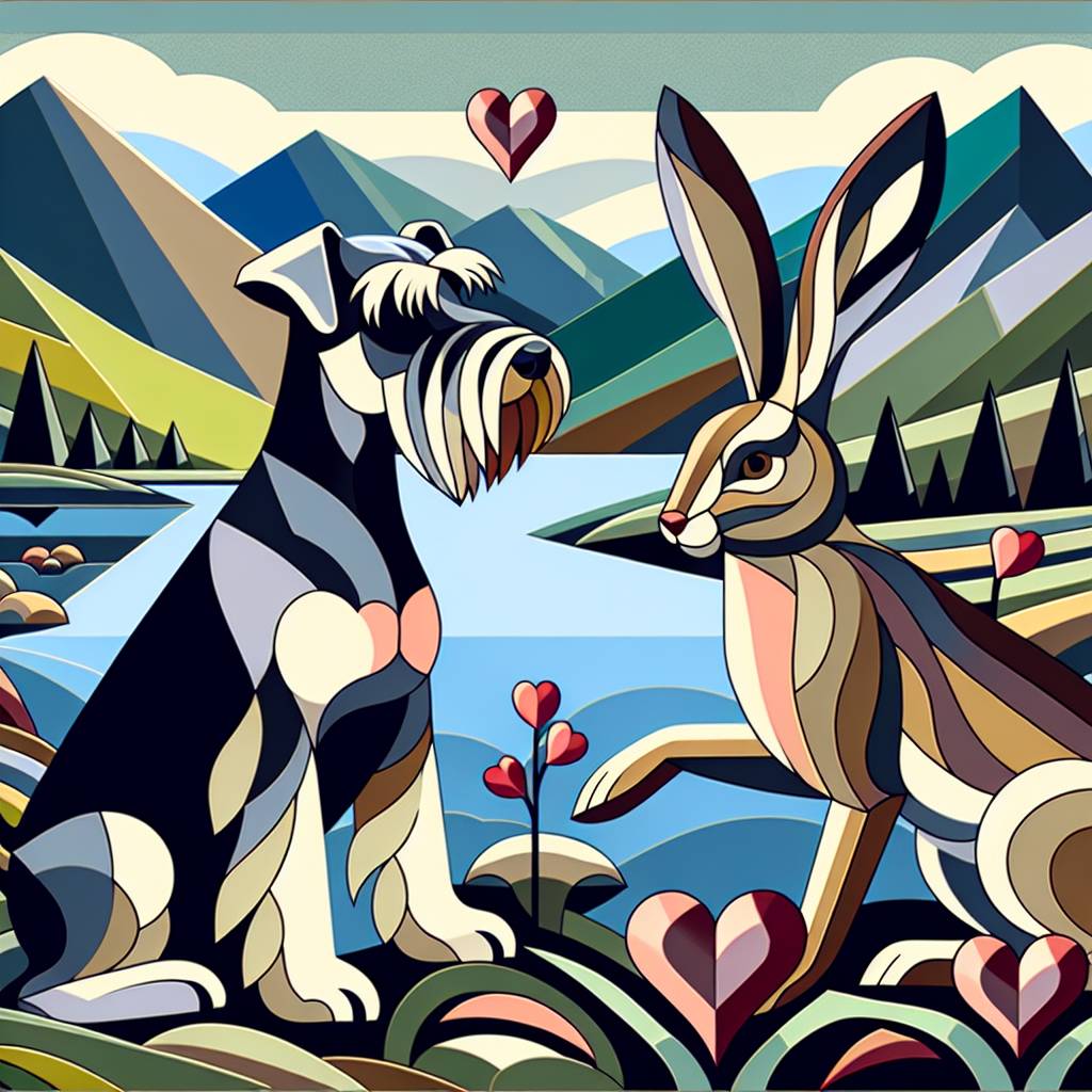 2) Valentines-day AI Generated Card - Vortecist art, Miniature schnauzers, Hares, and The Lake District (b4613)
