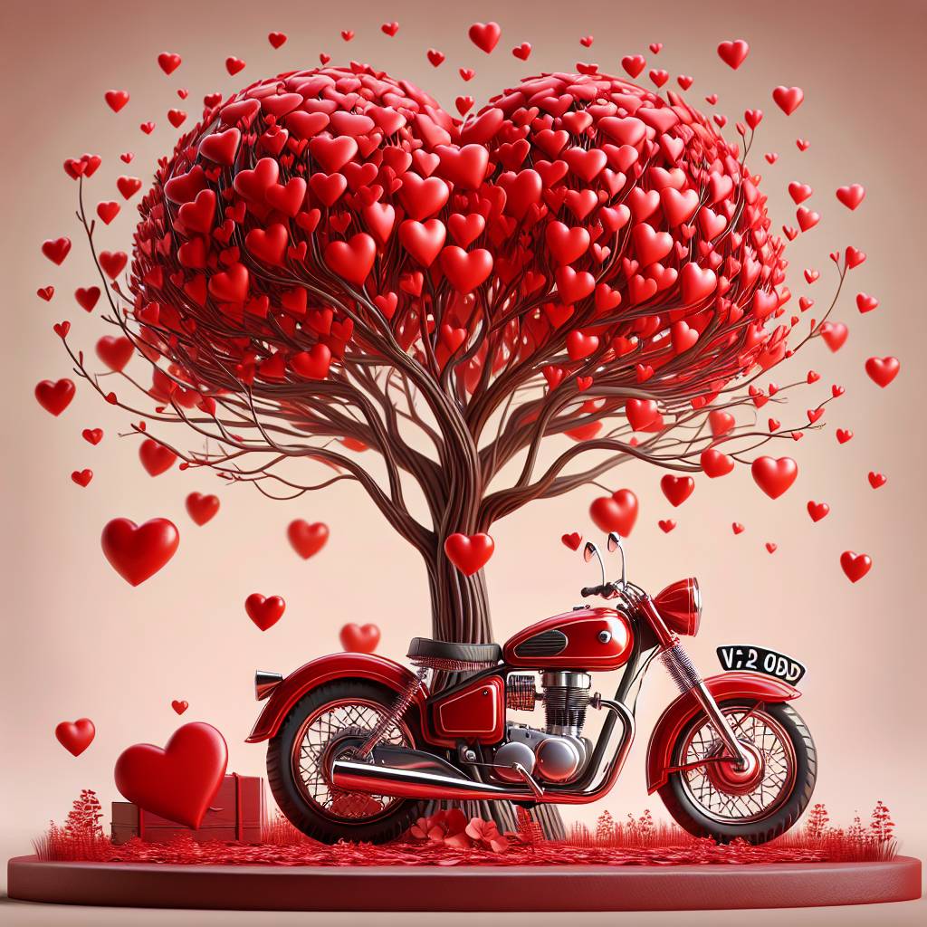 1) Valentines-day AI Generated Card - Red Harley Davidson Motor bike, and Registration V2 ODD, Tree red hearts (1bc09)