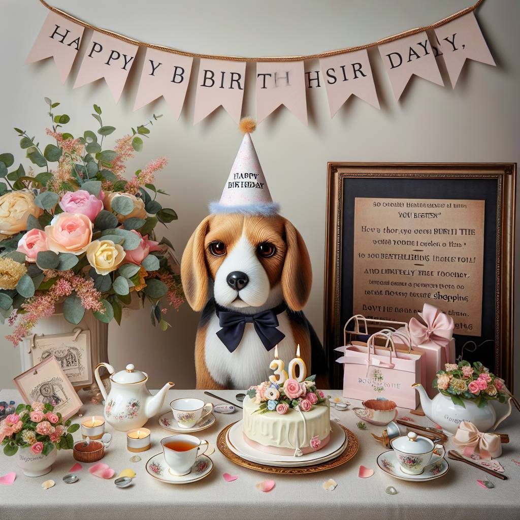 1) Birthday AI Generated Card - 30th, Beagle , Tea, Sister , Shopping , and Teaching (670af)