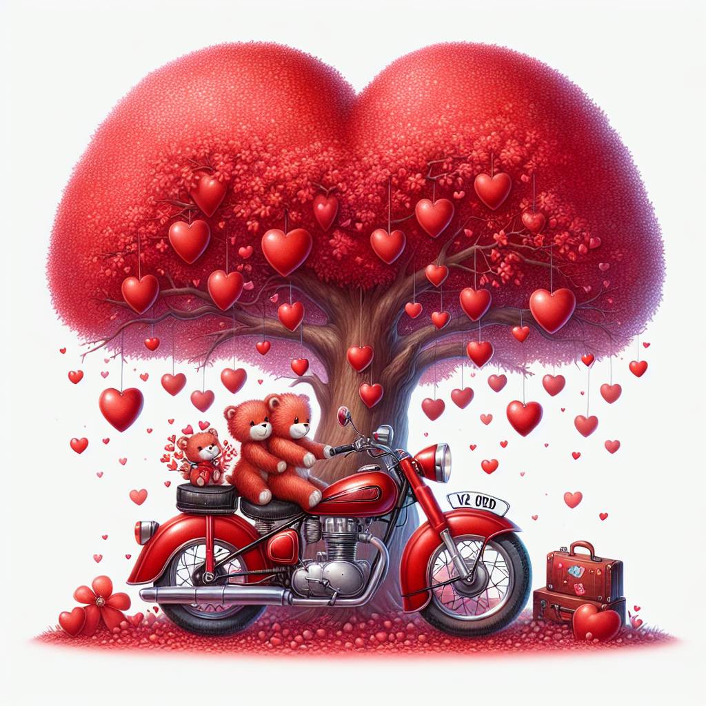 2) Valentines-day AI Generated Card -  Red Harley Davidson Motor bike, and Registration V2 ODD, Tree red hearts, and Teddy bears riding (a189a)