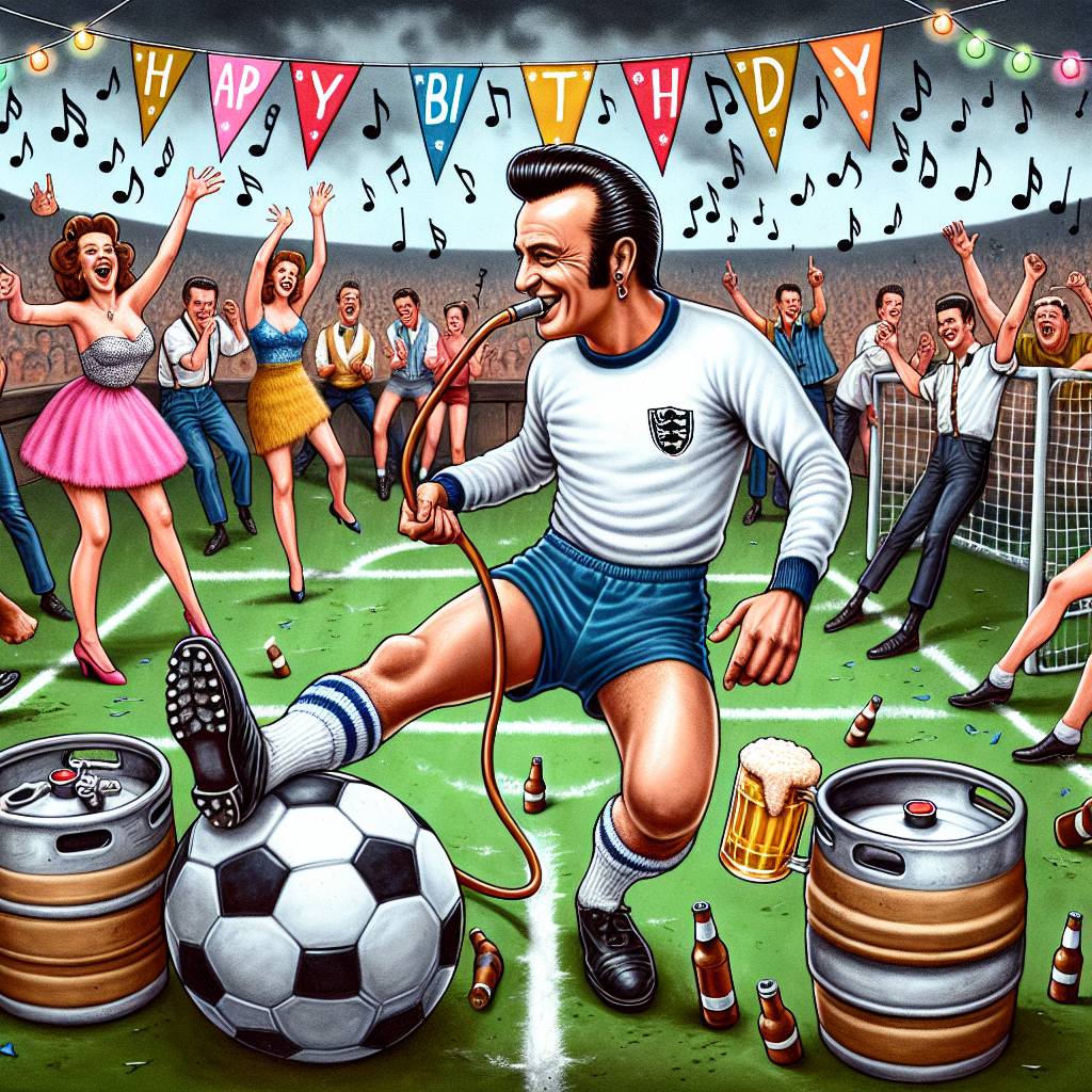 2) Birthday AI Generated Card - Elvis, Soccer, and Beer (b3f7b)