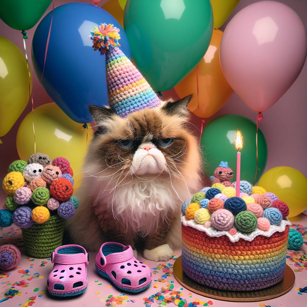 1) Birthday AI Generated Card - Angry cat, Crochet, and Crocs (f4f36)
